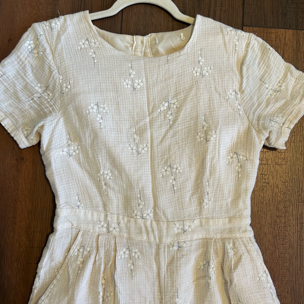 Beige Embroidered Wide Leg Jumpsuit, Cottagecore Boho Floral Romper - Picture 9 of 13